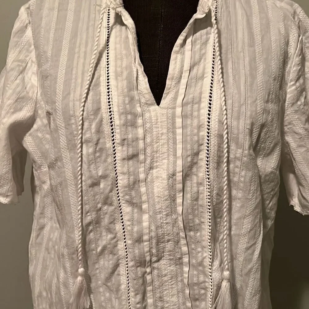 Westport Women's White Striped Lace Short Sleeve Neck Tie Top Size Large
